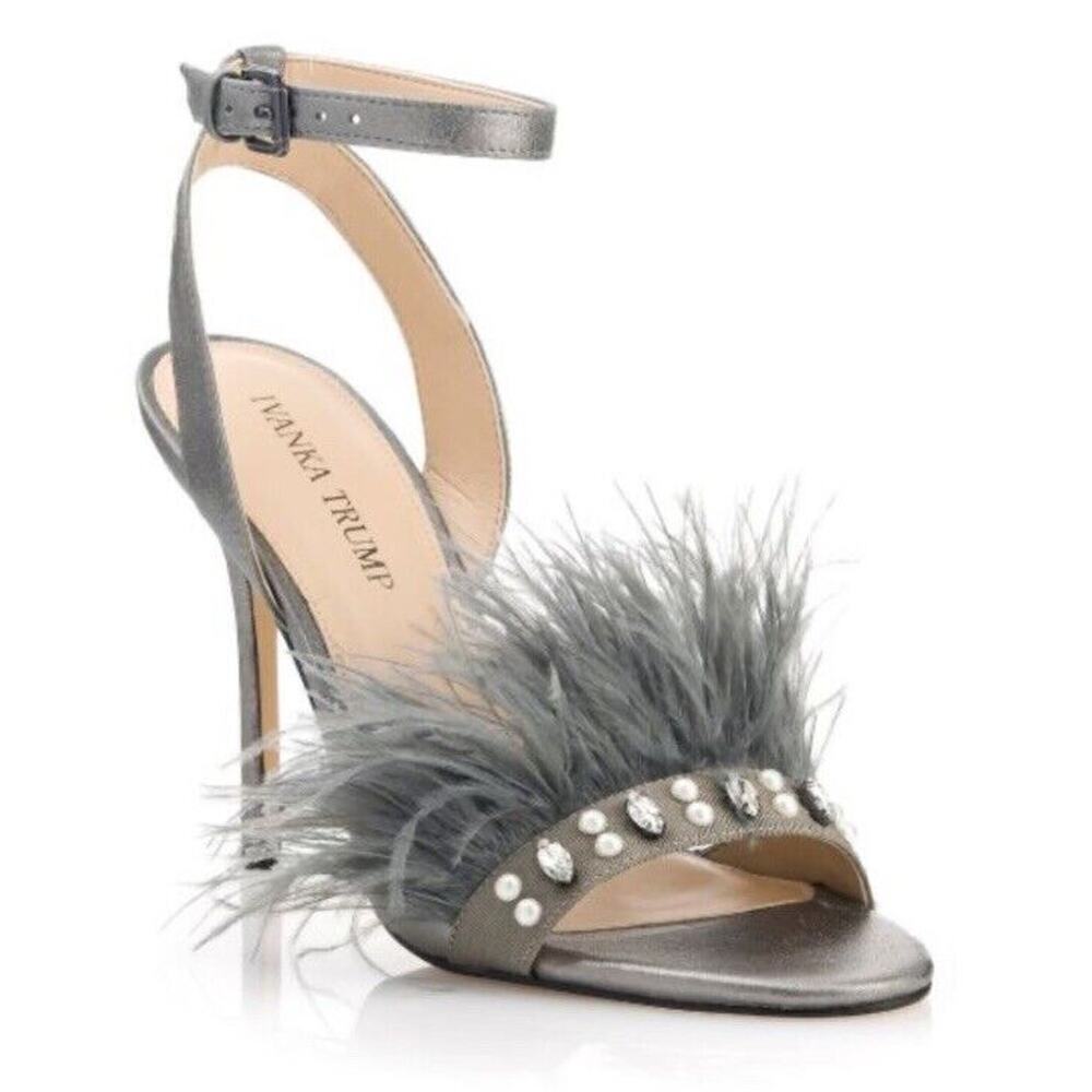 Ivanka Trump KASIE Pewter Multy Suede Jeweled Ostrich Feather High Heels Size 8M